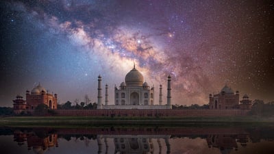 Bing wallpaper May 1, 2022. Taj Mahal with Milky Way in the background in Agra, India (© Getty Images)