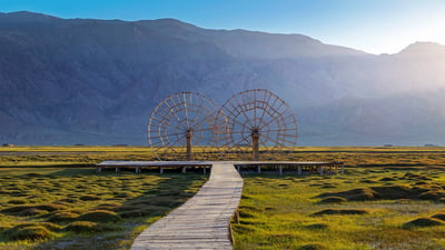 Bing wallpaper March 22, 2019. Water wheels in the Tashkurgan Grassland, Tashkurgan Tajik Autonomous County, Xinjiang, China (© Ratnakorn Piyasirisorost/Getty Images)