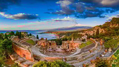 Bing wallpaper March 27, 2022. Ancient theater of Taormina in Sicily, Italy (© Antonino Bartuccio/eStock Photo)