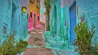 Bing wallpaper July 19, 2021. Colorful alleyway in the medina of Tétouan, Morocco (© Jan Wlodarczyk/eStock Photo)