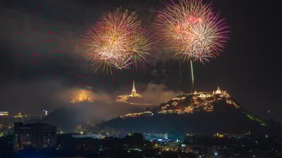Bing wallpaper December 31, 2023. Fireworks over Phra Nakhon Khiri, Phetchaburi, Thailand (© noomcpk/Shutterstock)