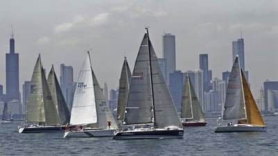 Bing wallpaper July 12, 2019. Sailors begin their race from Chicago to Mackinac Island, Michigan, USA (© Karen I. Hirsch/Alamy)