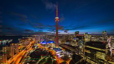 Bing wallpaper September 4, 2025. CN Tower illuminated at night in Toronto, Ontario (© R.M. Nunes/Shutterstock)