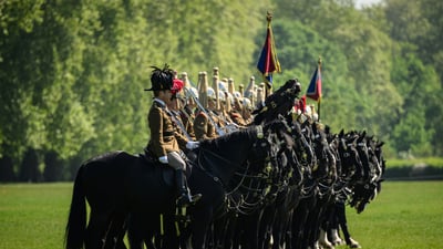Bing wallpaper June 12, 2026. Members of the Household Cavalry Mounted Regiment at Hyde Park, London (© Leon Neal/Staff/Getty Images)