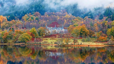 Bing wallpaper September 24, 2020. Tigh Mor and Loch Achray surrounded by fog, Perthshire (© Fortunato Gatto/Sime/eStock Photo)