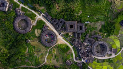 Bing wallpaper April 29, 2024. Fujian Tulou complex of historical and cultural heritage buildings in Fujian province, China (© Hongjie Han/Getty Images)