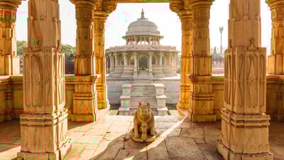 Bing wallpaper September 14, 2023. Inside of a temple at sunrise in India Udaipur (© Ronny Werner/Alamy Stock Photo)