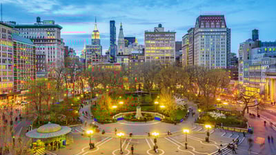 Bing wallpaper April 16, 2024. Union Square in lower Manhattan at twilight, New York (© Sean Pavone/Getty Images)