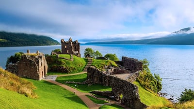 Bing wallpaper August 22, 2020. Urquhart Castle and Loch Ness in the Scottish Highlands (© AWL Images/Danita Delimont)