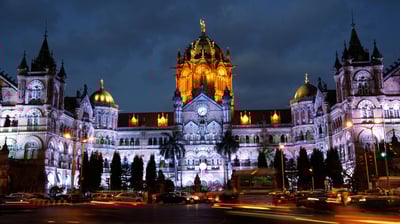 Bing wallpaper January 25, 2021. CST station Mumbai, illuminated for Republic Day (© R Modi/Dinodia Photo/age fotostock)