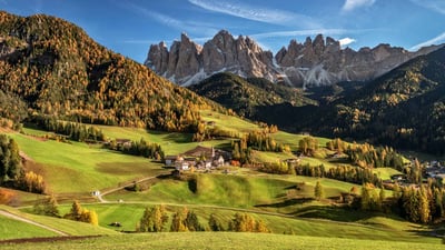 Bing wallpaper April 26, 2024. Villnöß with the Dolomites in the background, South Tyrol, Italy (© Achim Thomae/Getty Images)