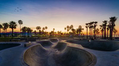 Bing wallpaper September 26, 2023. Venice Skatepark at sunset, Los Angeles, California (© EXTREME-PHOTOGRAPHER/Getty Images)