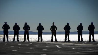 Bing wallpaper November 11, 2021. Sailors on the amphibious assault ship USS Iwo Jima on New York's Hudson River during Veterans Week, 2016 (© Apple White/Alamy)