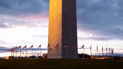 Bing wallpaper November 11, 2023. Sunset at the Washington Monument, Washington, DC (© Joe Daniel Price/Getty Images)