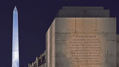 Bing wallpaper December 7, 2020. View of the Washington Monument and the National World War II Memorial with its Pearl Harbor Dedication, Washington, DC (© Olga Bogatyrenko/Shutterstock)