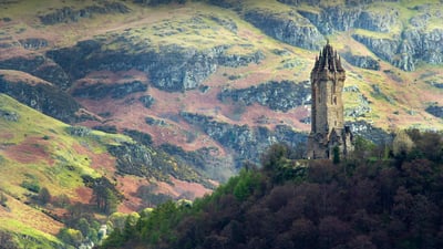 Bing wallpaper April 8, 2019. The National Wallace Monument overlooking Stirling in Scotland (© Elena Korchenko/age fotostock)