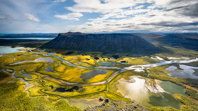 Bing wallpaper June 5, 2026. View from Skierffe Mountain over the Rapadalen river delta, Sarek National Park, Laponia, Lapland, Sweden (© Robert Haasmann/Getty Images)
