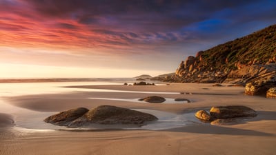 Bing wallpaper January 8, 2020. Beach in the evening light at Whisky Bay, Wilsons Promontory National Park, Victoria (© Michael Breitung/Huber/eStock Photo)