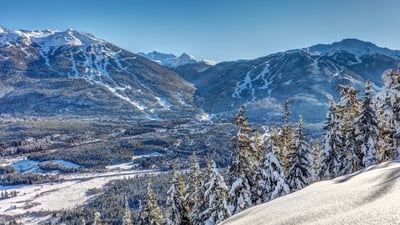 Bing wallpaper April 7, 2025. Whistler and Blackcomb mountains, British Columbia (© Pierre Leclerc/Shutterstock)