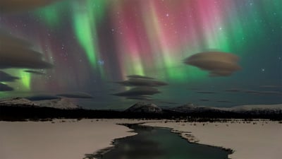 Bing wallpaper January 21, 2020. Northern lights near Whitehorse in Yukon, Canada (© Design Pics/Danita Delimont)