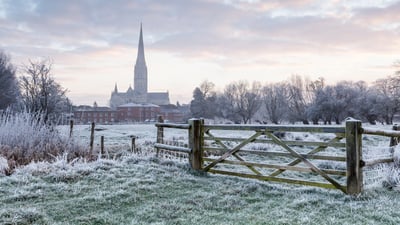 Bing wallpaper December 26, 2025. Salisbury Cathedral, Wiltshire, England (© Julian Elliott Photography/Getty Images)