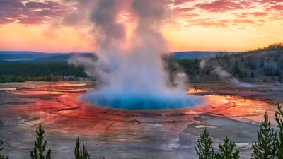Bing wallpaper April 20, 2024. Grand Prismatic Spring at sunrise, Yellowstone National Park, Wyoming (© XIN WANG/Getty Images)
