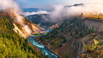 Bing wallpaper August 25, 2025. Calcite Springs Overlook and Yellowstone River, Yellowstone National Park, Wyoming (© Rebecca L. Latson/Getty Images)