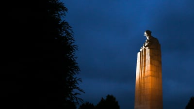 Bing wallpaper November 11, 2021. The Canadian 'Brooding Soldier' memorial commemorating the second battle of Ypres, St. Julien, Belgium (© Richard Lautens/Toronto Star via Getty Images)