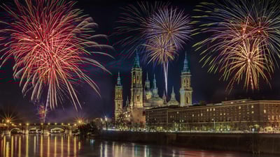 Bing wallpaper December 31, 2020. Fireworks during a New Year's Eve celebration in Zaragoza, Spain (© Martina Badini/Shutterstock)